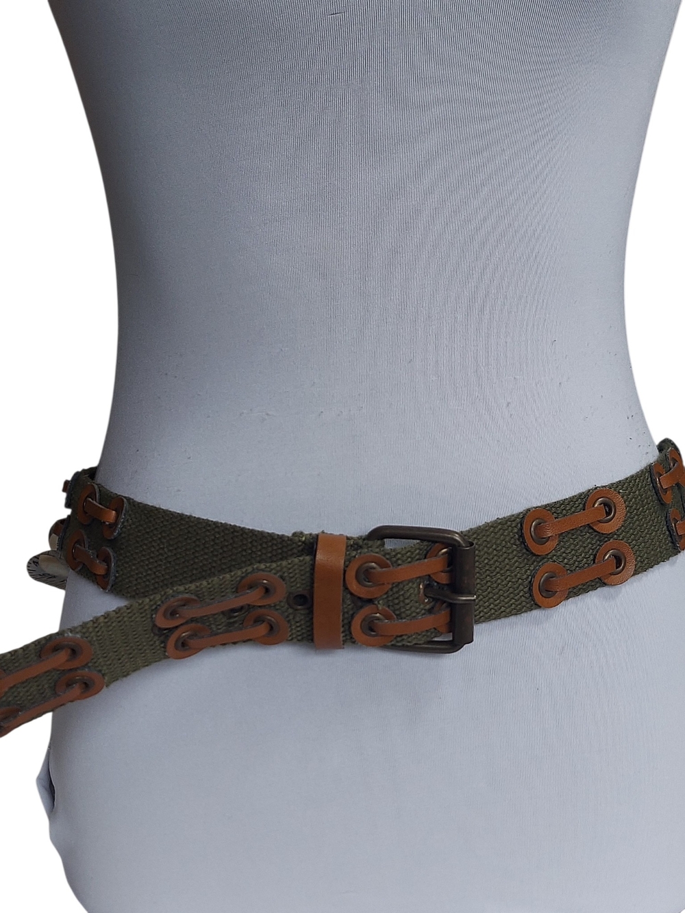 Military Inspired Olive Green Web Belt Brown Faux Leather Trim Adjustable - Picture 13 of 13